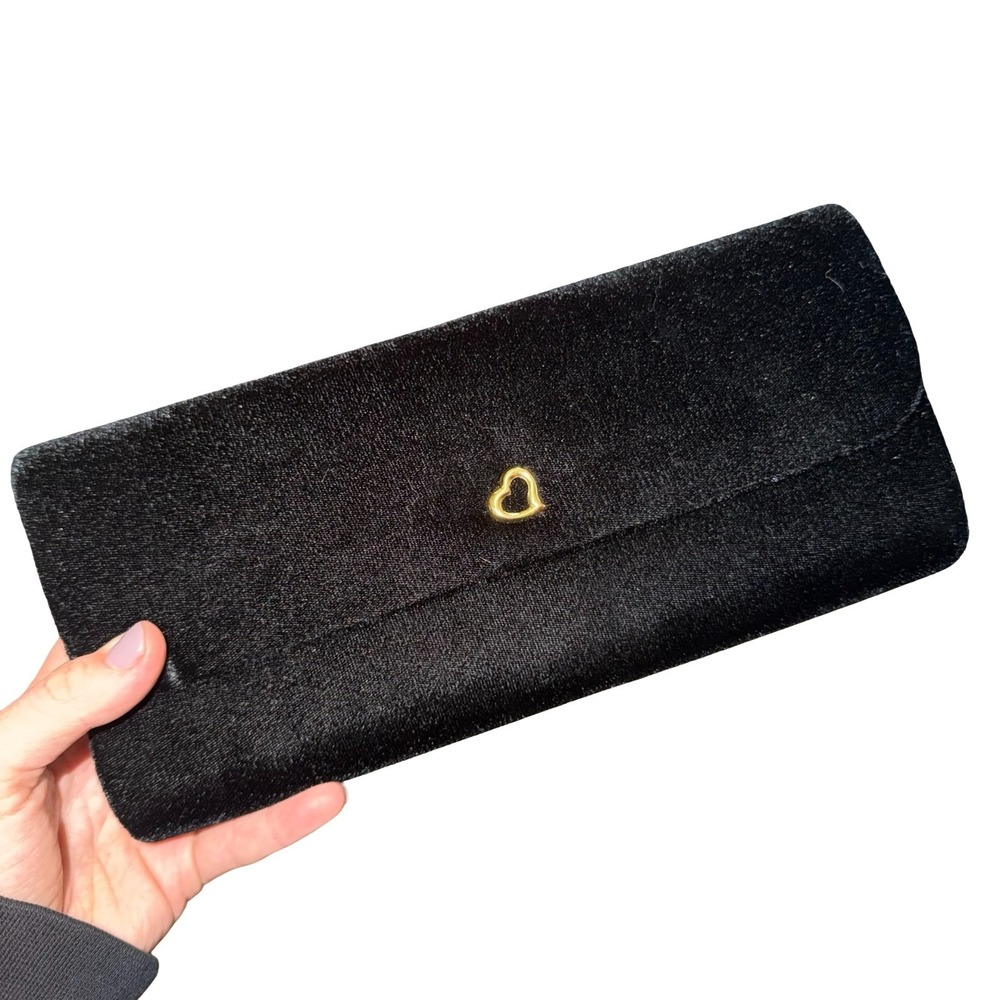 Victoria's Secret Black Velvet Clutch Purse Gold Open Heart Snap Gold Lined
